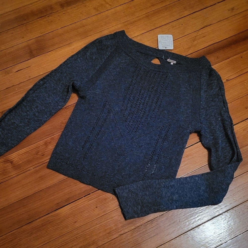 Free People Dark Heather Blue Scoop Neck Knit Sweater NWT